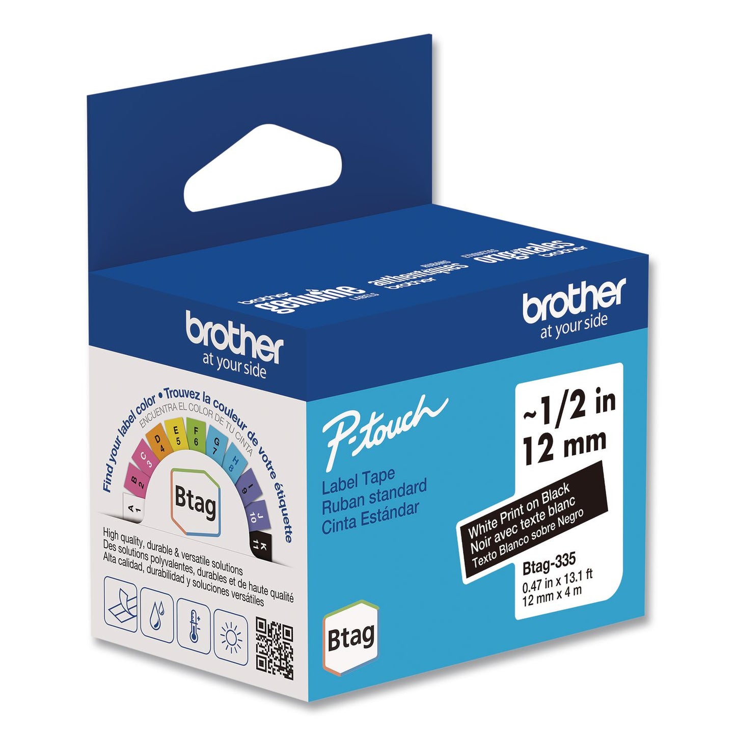 Brother P-Touch® Genuine P-Touch BTAG Label Tapes, 0.47" x 13.1 ft, White on Black (BRTBTAG335)