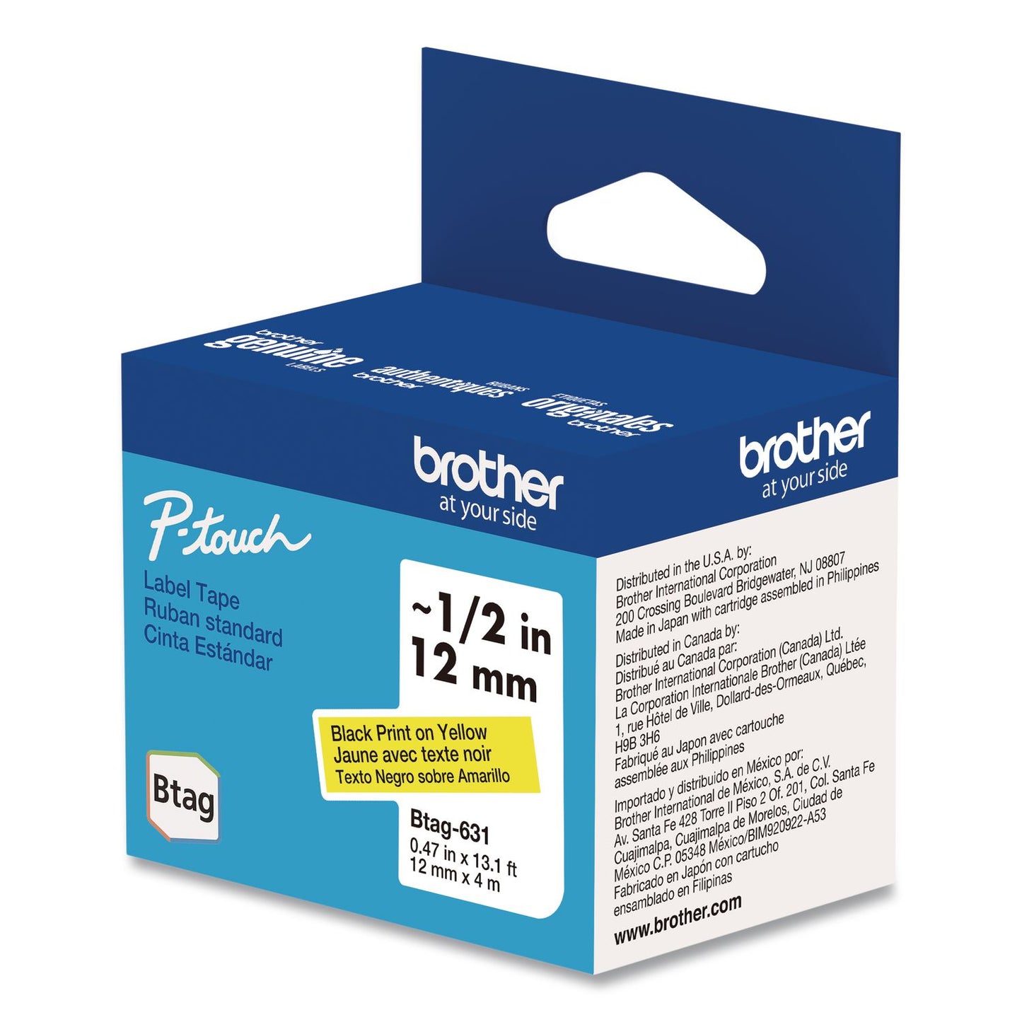 Brother P-Touch® Genuine P-Touch BTAG Label Tapes, 0.47" x 13.1 ft, Black on Yellow (BRTBTAG631)