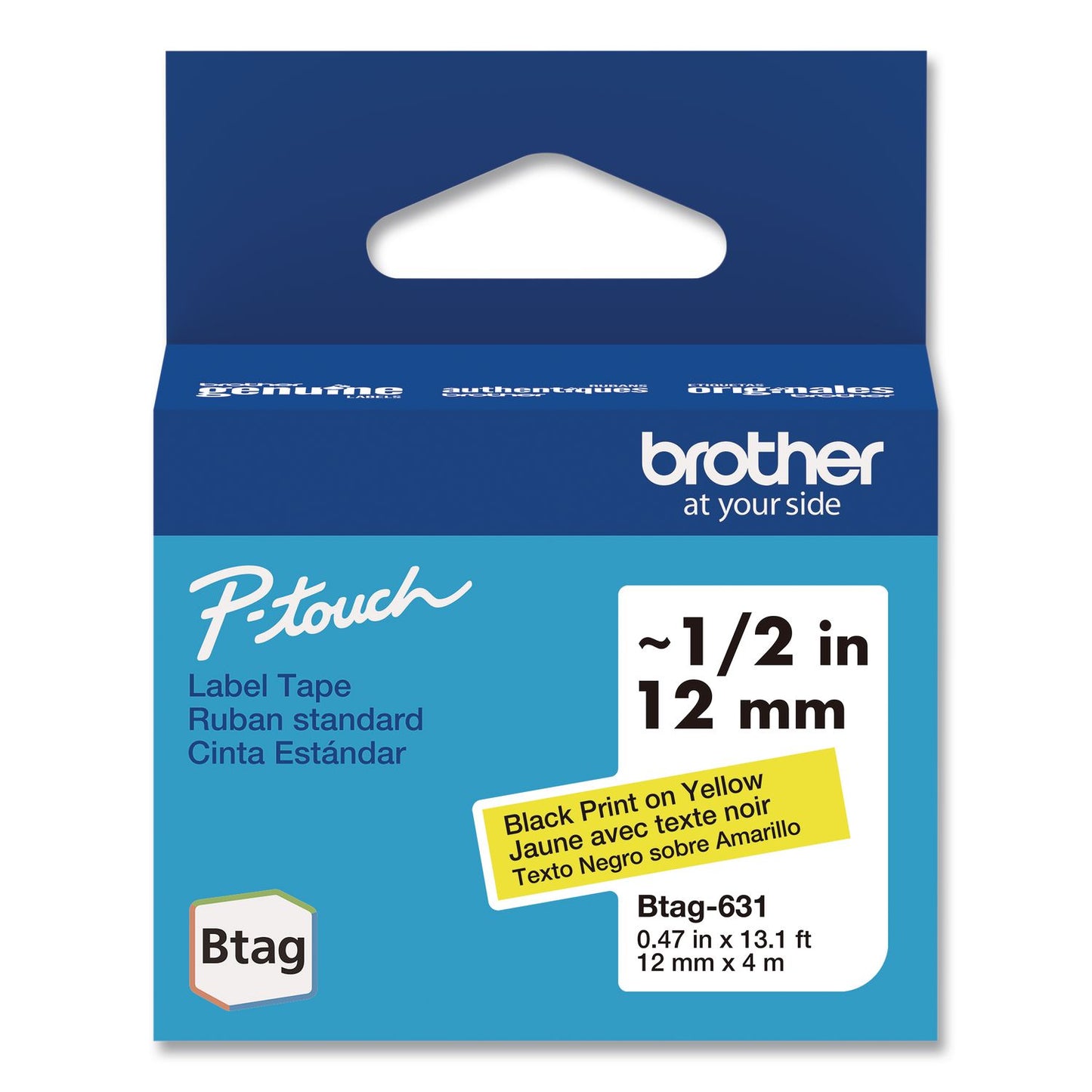 Brother P-Touch® Genuine P-Touch BTAG Label Tapes, 0.47" x 13.1 ft, Black on Yellow (BRTBTAG631)