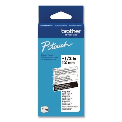 Brother P-Touch® Genuine P-Touch BTAG Label Tapes, 0.47" x 13.1 ft, White on Clear, Black on White, White on Black, 3/Pack (BRTBTAG3M01)