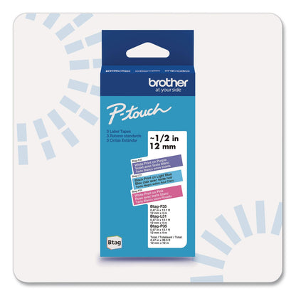 Brother P-Touch® Genuine P-Touch BTAG Label Tapes, 0.47" x 13.1 ft, White on Purple, Black on Light Blue, White on Pink (BRTBTAG3M02)