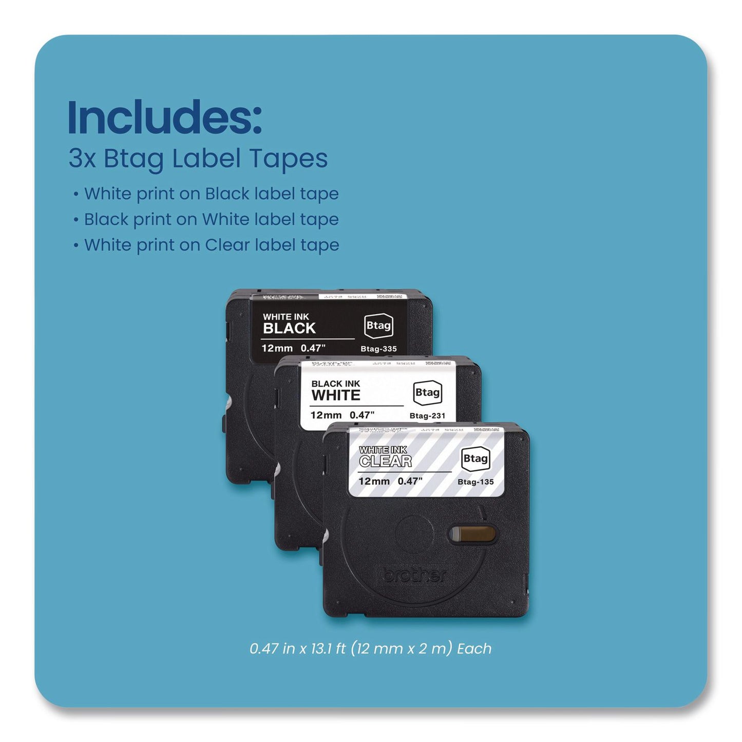 Brother P-Touch® Genuine P-Touch BTAG Label Tapes, 0.47" x 13.1 ft, White on Clear, Black on White, White on Black, 3/Pack (BRTBTAG3M01)