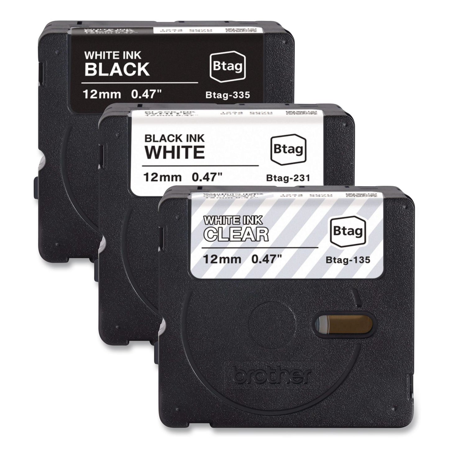 Brother P-Touch® Genuine P-Touch BTAG Label Tapes, 0.47" x 13.1 ft, White on Clear, Black on White, White on Black, 3/Pack (BRTBTAG3M01)