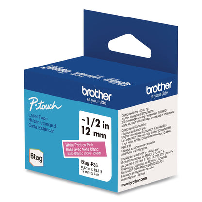 Brother P-Touch® Genuine P-Touch BTAG Label Tapes, 0.47" x 13.1 ft, White on Pink (BRTBTAGP35)