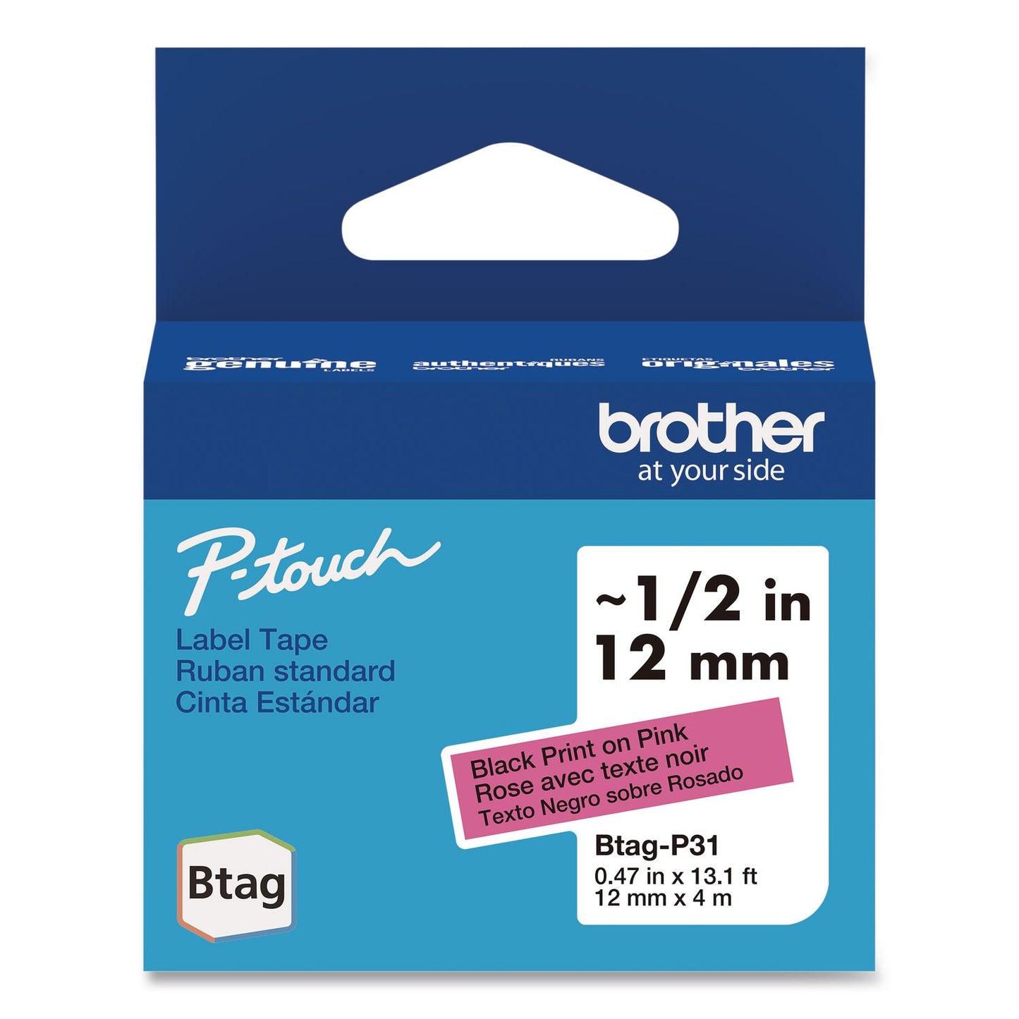 Brother P-Touch® Genuine P-Touch BTAG Label Tapes, 0.47" x 13.1 ft, Black on Pink (BRTBTAGP31)