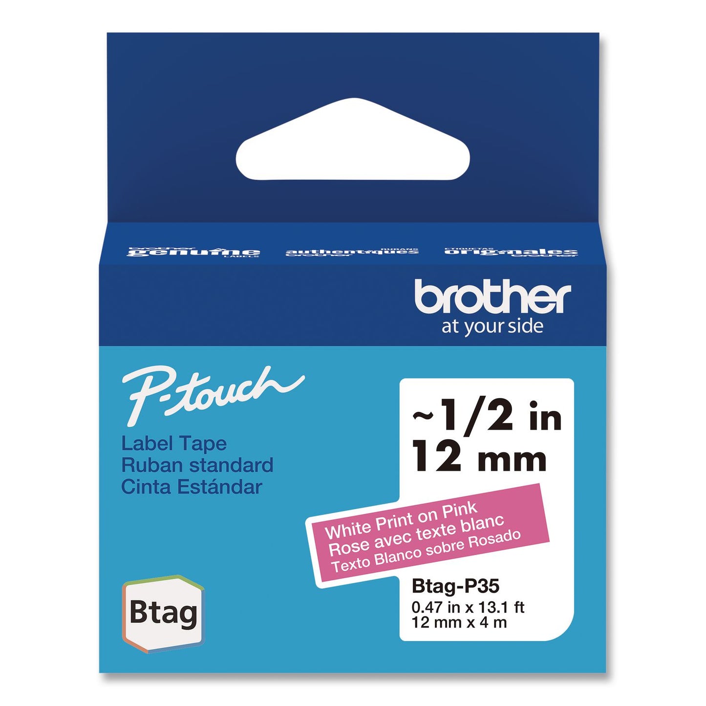 Brother P-Touch® Genuine P-Touch BTAG Label Tapes, 0.47" x 13.1 ft, White on Pink (BRTBTAGP35)