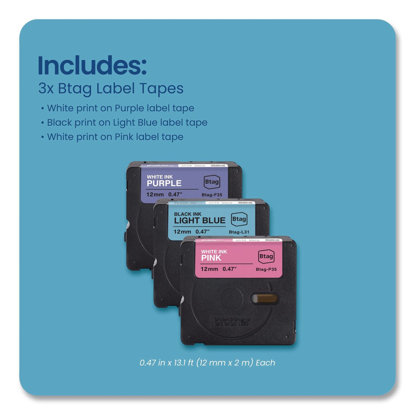 Brother P-Touch® Genuine P-Touch BTAG Label Tapes, 0.47" x 13.1 ft, White on Purple, Black on Light Blue, White on Pink (BRTBTAG3M02)