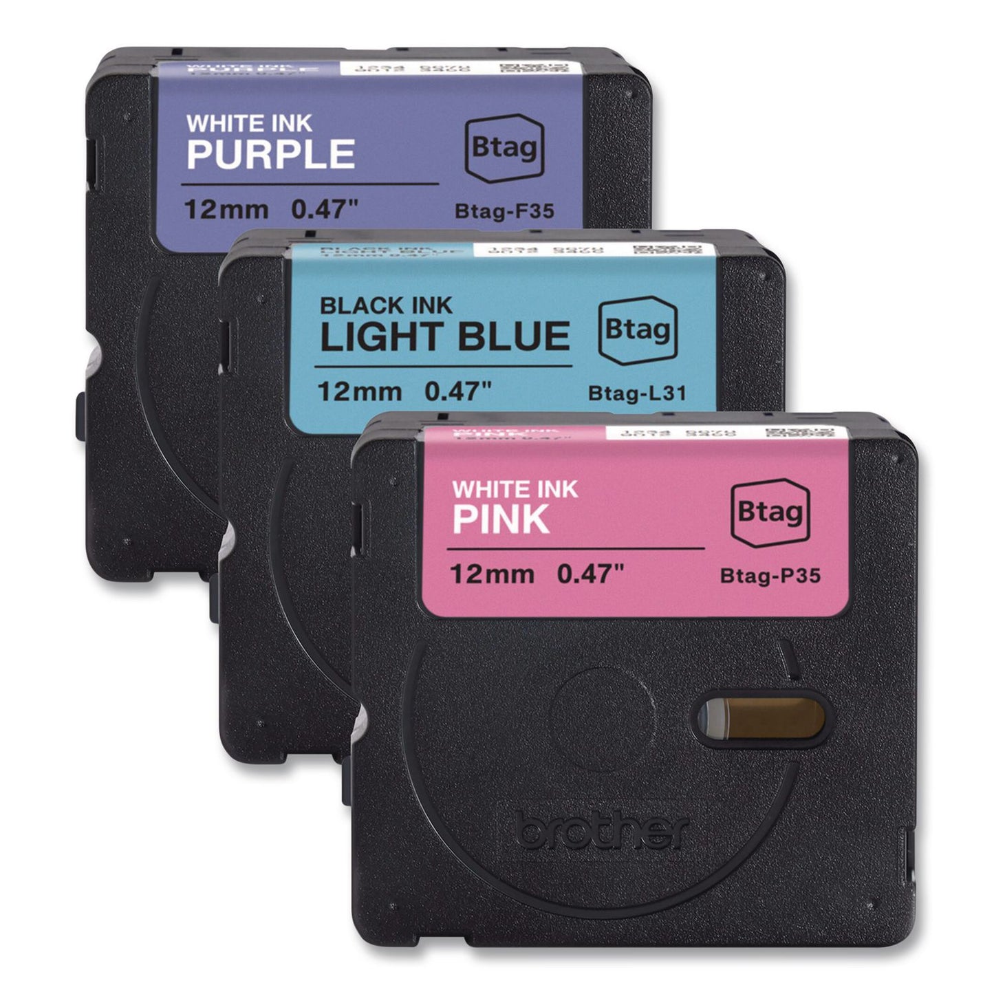 Brother P-Touch® Genuine P-Touch BTAG Label Tapes, 0.47" x 13.1 ft, White on Purple, Black on Light Blue, White on Pink (BRTBTAG3M02)