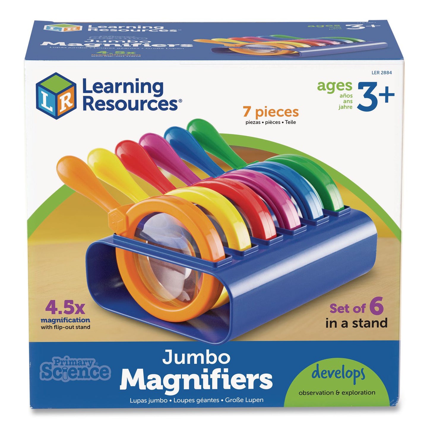 Learning Resources® Primary Science Jumbo Magnifiers with Stand, Ages 3 and Up, 4.5x, Plastic Lens, 4.5" dia, 6/Set (LRNLER2884)