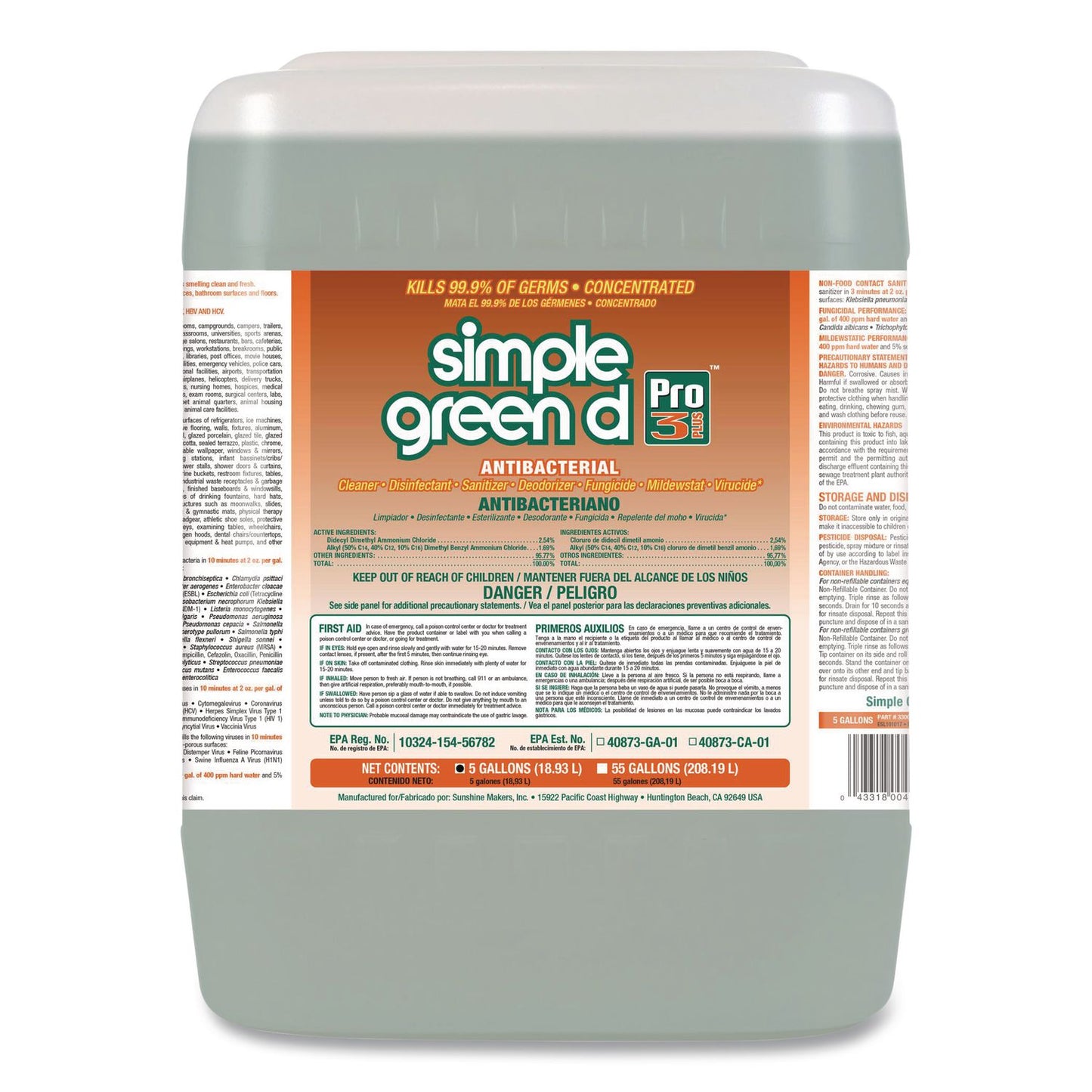 Simple Green® d Pro 3 Plus Antibacterial Concentrate, Herbal Scent, 5 gal Pail (SMP3301005)