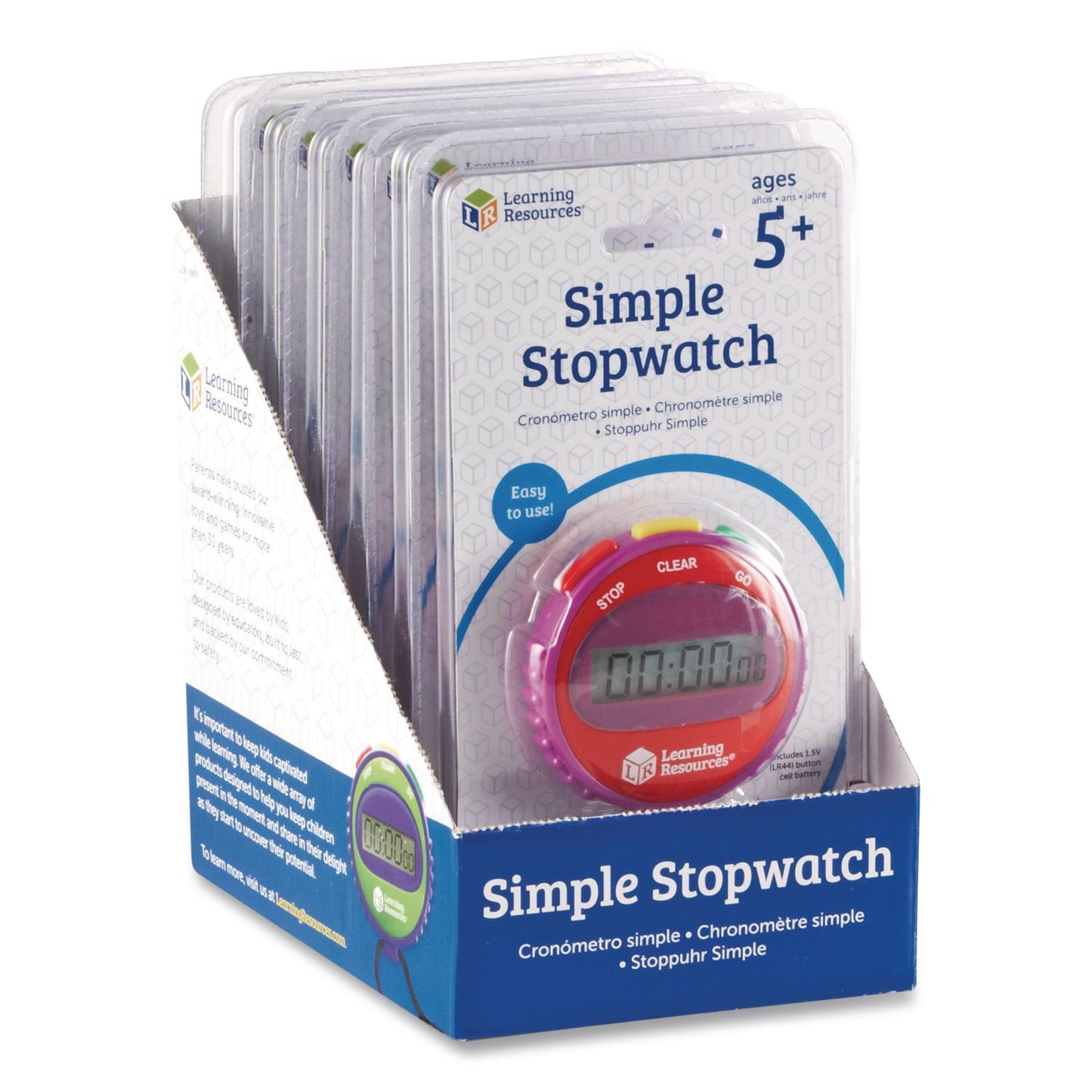 Learning Resources® Simple Stopwatch, Accurate to 1/100 seconds, Randomly Assorted Colors, Black Lanyard, Set of 6 (LRNLER0809)
