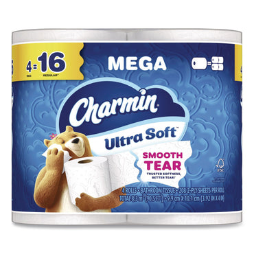 Charmin® Ultra Soft Bathroom Tissue, Mega Roll, Septic Safe, 2-Ply, White, 208 Sheets/Roll, 4 Rolls/Pack, 8 Packs/Carton (PGC19261CT)