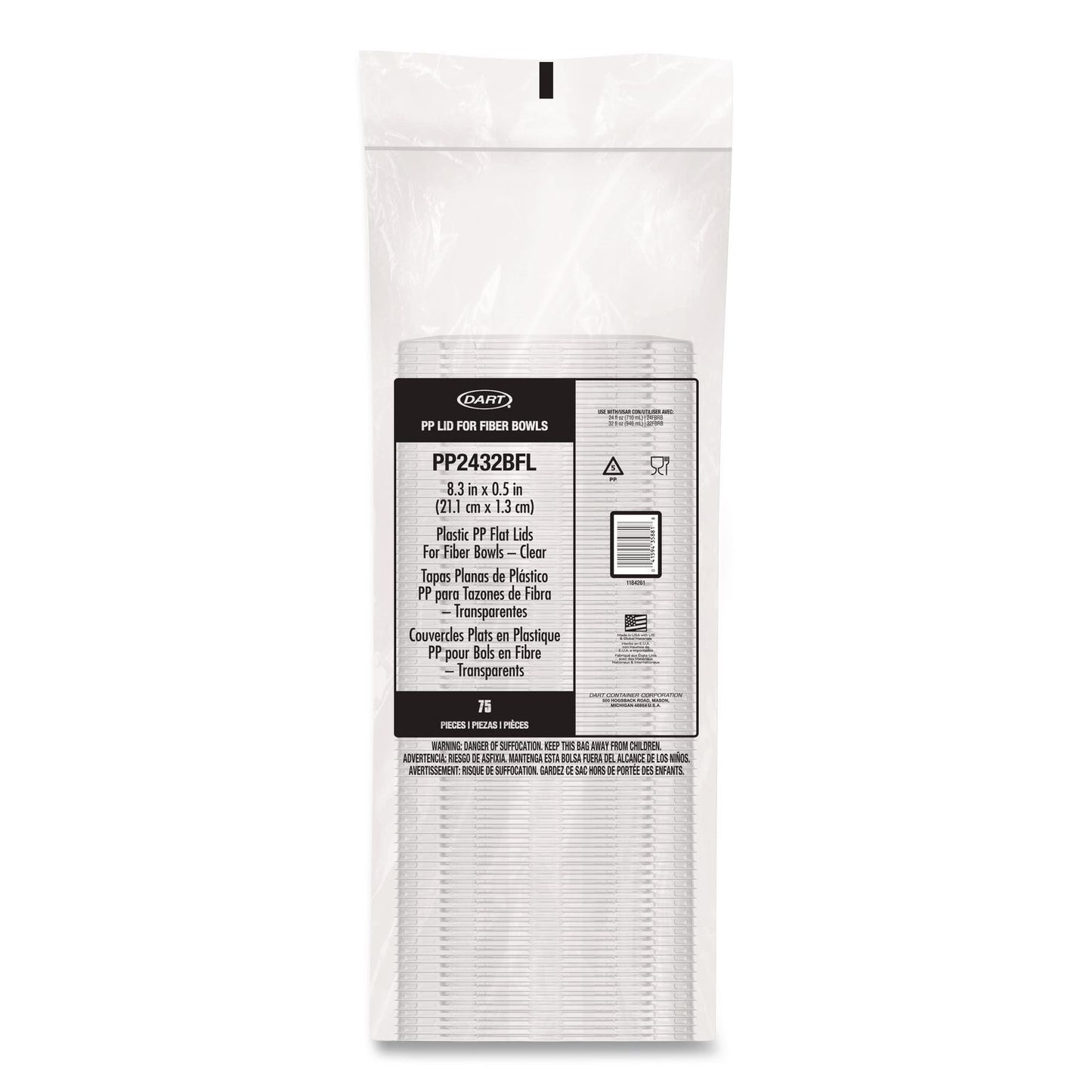 Dart® Plastic Lids for Compostable Fiber Containers, For 24 to 32 oz Containers, 8.28" Diameter x 0.51" h, Clear, 300/Carton (DCCPP2432BFL)