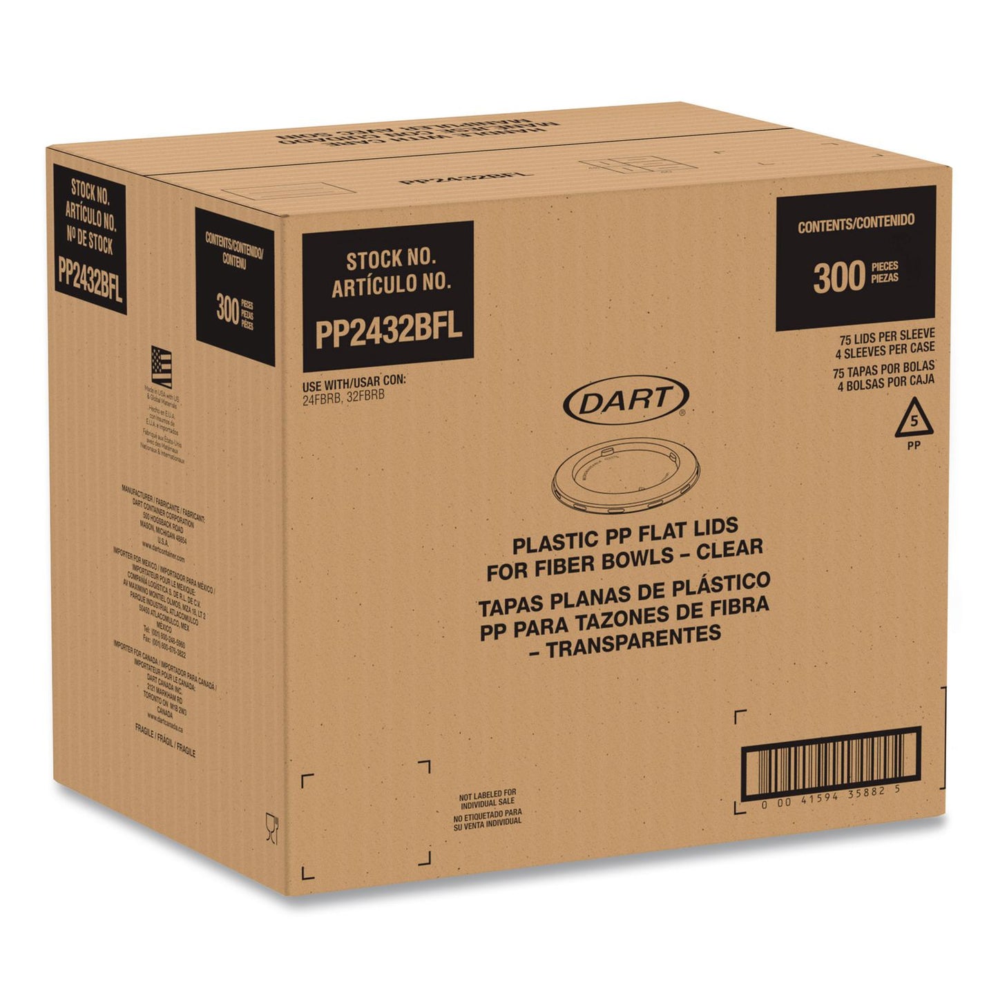 Dart® Plastic Lids for Compostable Fiber Containers, For 24 to 32 oz Containers, 8.28" Diameter x 0.51" h, Clear, 300/Carton (DCCPP2432BFL)