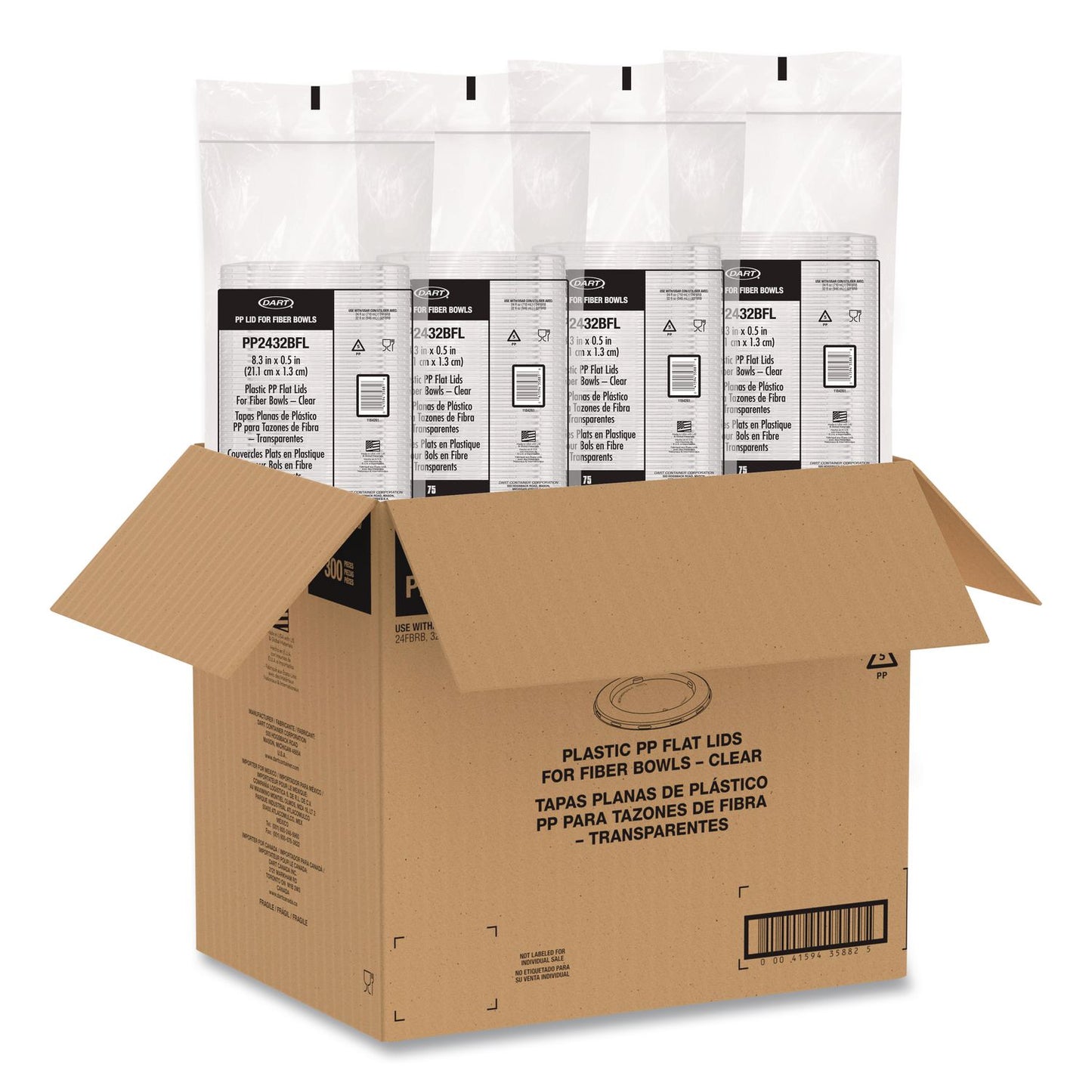 Dart® Plastic Lids for Compostable Fiber Containers, For 24 to 32 oz Containers, 8.28" Diameter x 0.51" h, Clear, 300/Carton (DCCPP2432BFL)