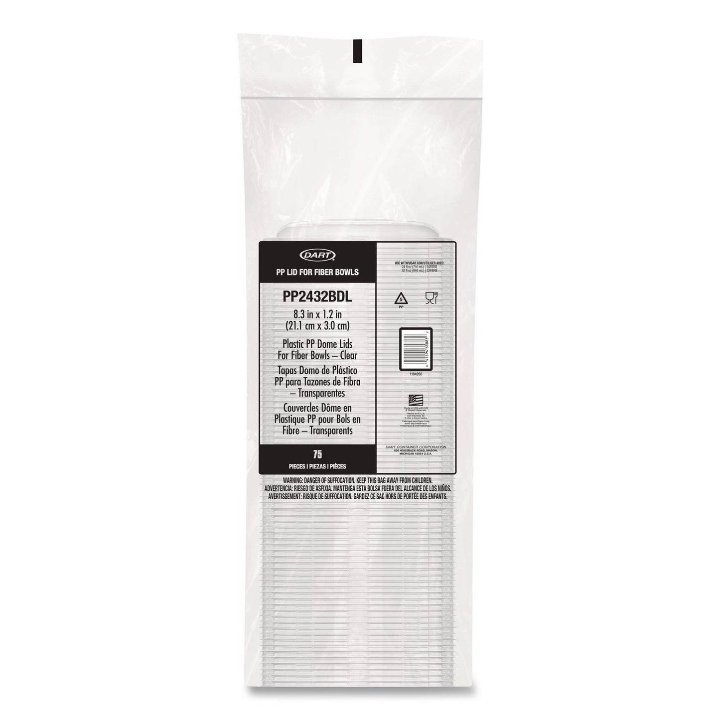 Dart® Dome Covers and Lids, For 24 oz to 32 oz Containers, 8.28" Diameter x 1.16"h, Clear, 300/Carton (DCCPP2432BDL)