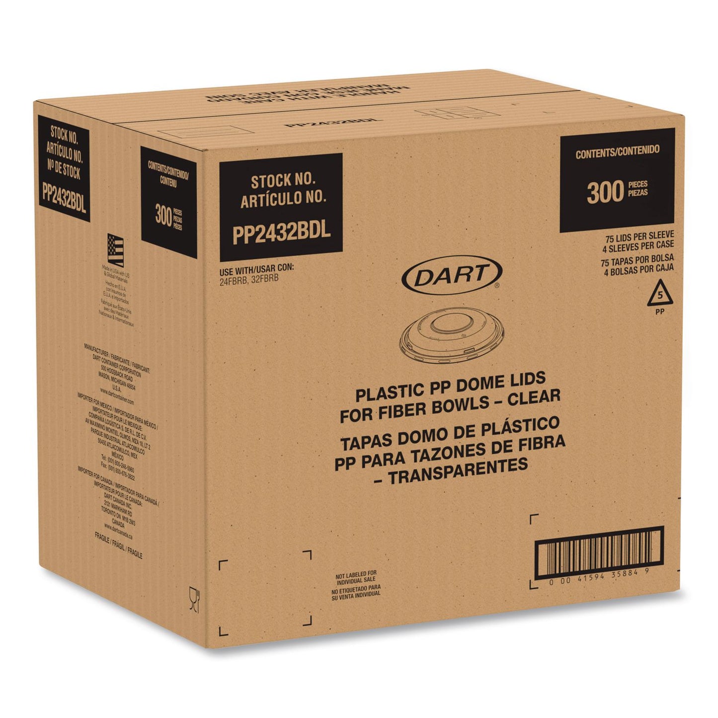 Dart® Dome Covers and Lids, For 24 oz to 32 oz Containers, 8.28" Diameter x 1.16"h, Clear, 300/Carton (DCCPP2432BDL)