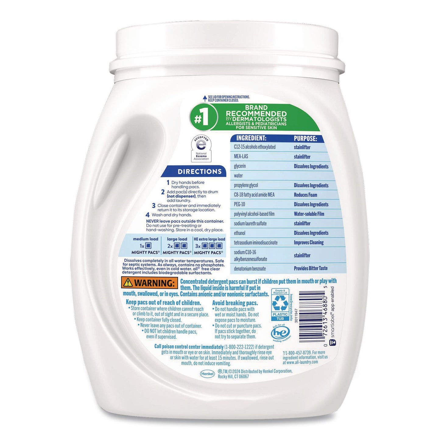 all® MIGHTY PACS Free Clear HE Laundry Detergent, 60 Pods/Tub, 4 Tubs/Carton (DIA46880)