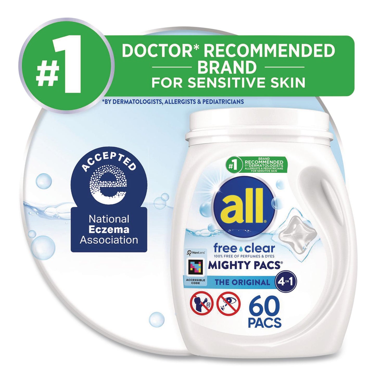 all® MIGHTY PACS Free Clear HE Laundry Detergent, 60 Pods/Tub, 4 Tubs/Carton (DIA46880)