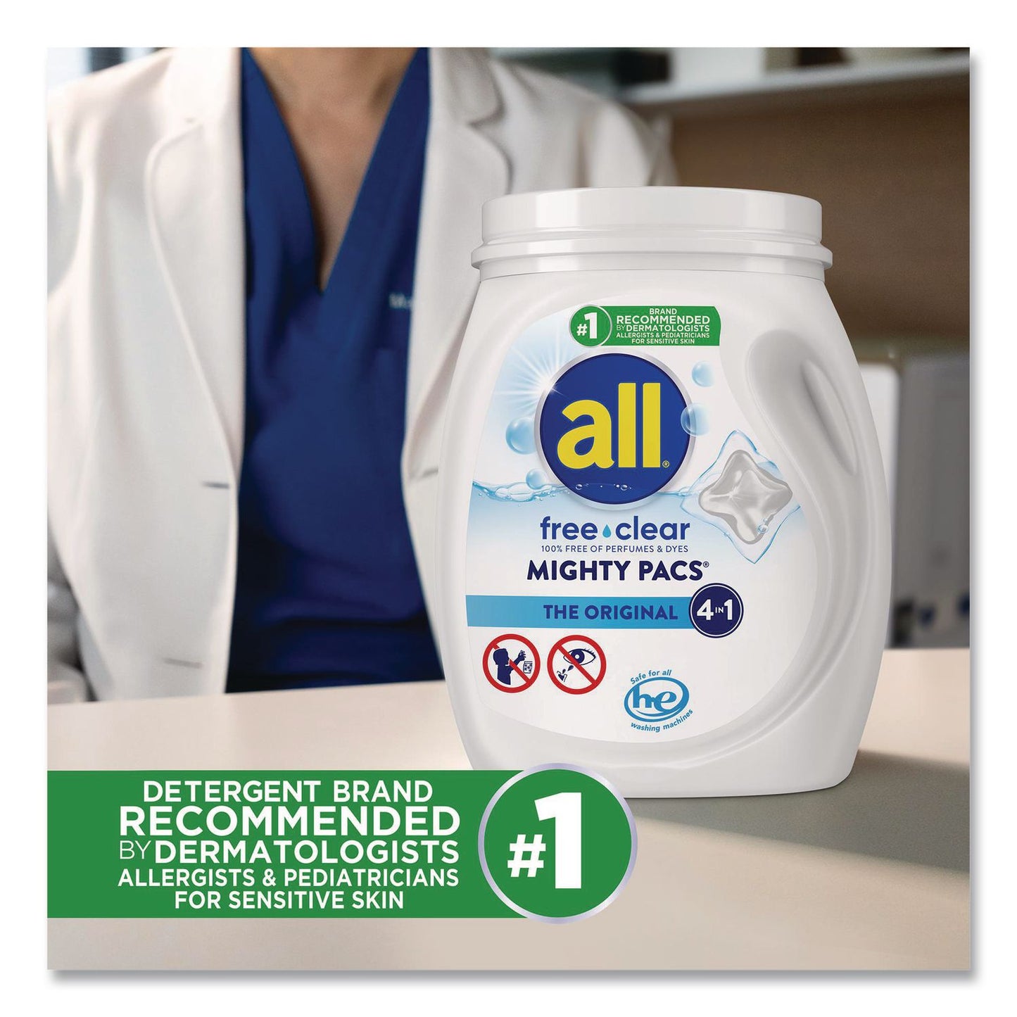 all® MIGHTY PACS Free Clear HE Laundry Detergent, 60 Pods/Tub, 4 Tubs/Carton (DIA46880)