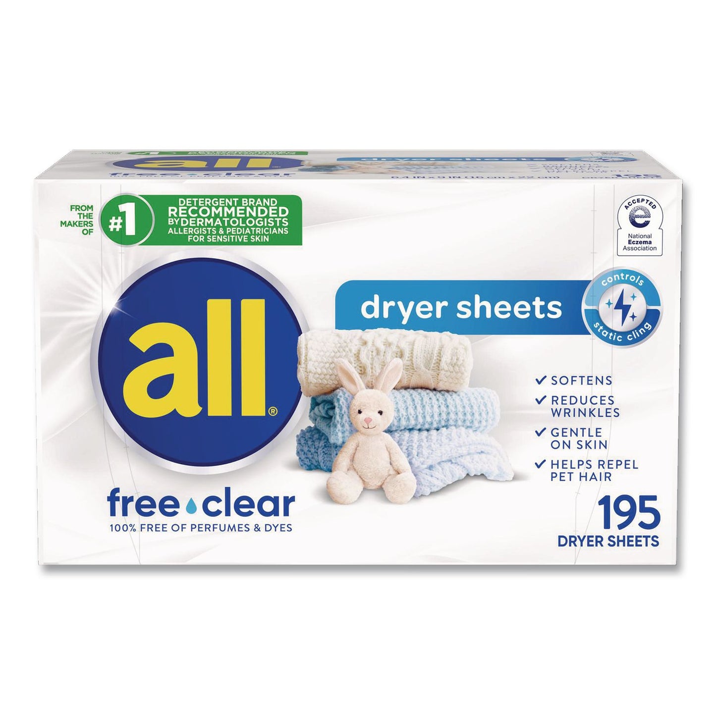 all® Free Clear Dryer Sheets, Fragrance Free, 195 Sheets/Packs, 6 Packs/Carton (DIA47362)