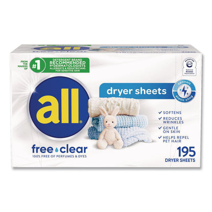 all® Free Clear Dryer Sheets, Fragrance Free, 195 Sheets/Packs, 6 Packs/Carton (DIA47362)