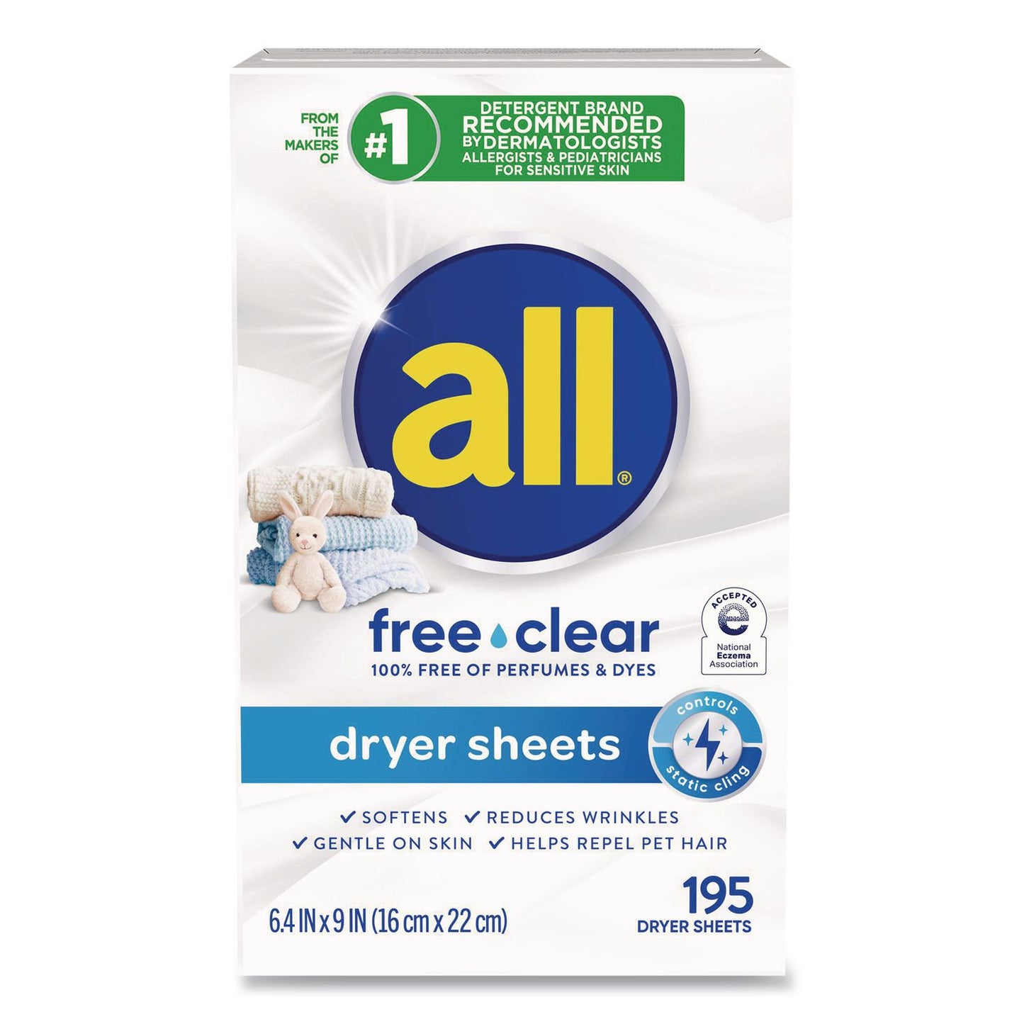 all® Free Clear Dryer Sheets, Fragrance Free, 195 Sheets/Packs, 6 Packs/Carton (DIA47362)