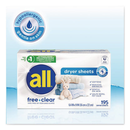 all® Free Clear Dryer Sheets, Fragrance Free, 195 Sheets/Packs, 6 Packs/Carton (DIA47362)