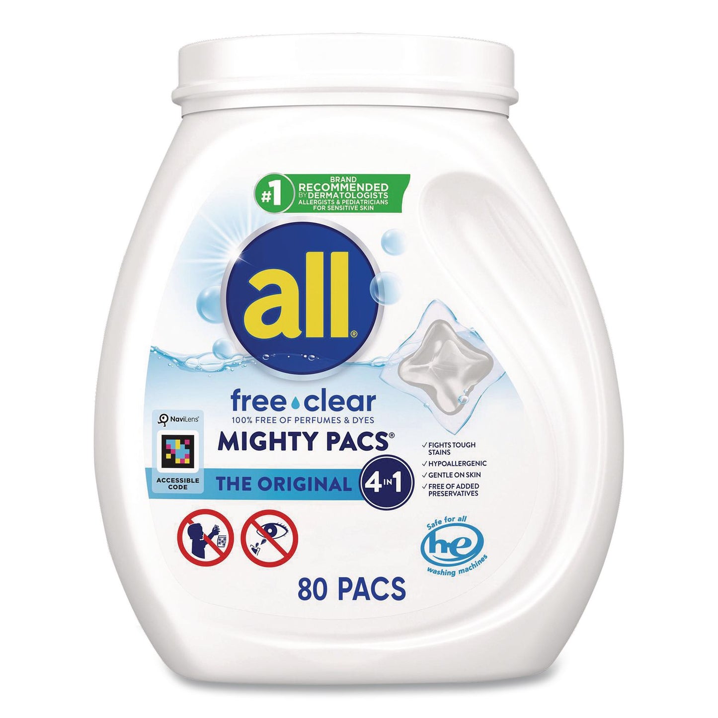 all® MIGHTY PACS Free Clear HE Laundry Detergent, 80 Pods/Tub, 4 Tubs/Carton (DIA47508)
