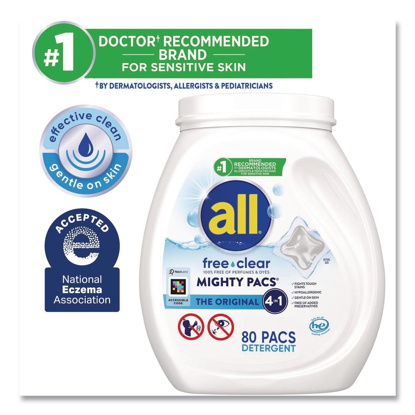 all® MIGHTY PACS Free Clear HE Laundry Detergent, 80 Pods/Tub, 4 Tubs/Carton (DIA47508)