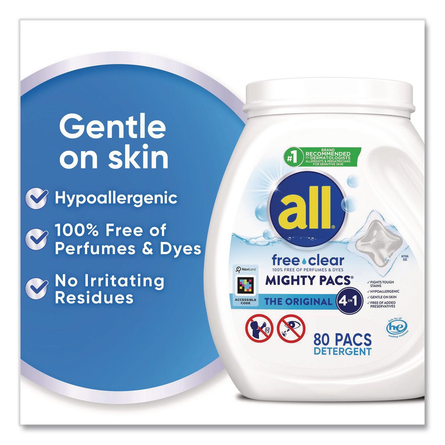 all® MIGHTY PACS Free Clear HE Laundry Detergent, 80 Pods/Tub, 4 Tubs/Carton (DIA47508)