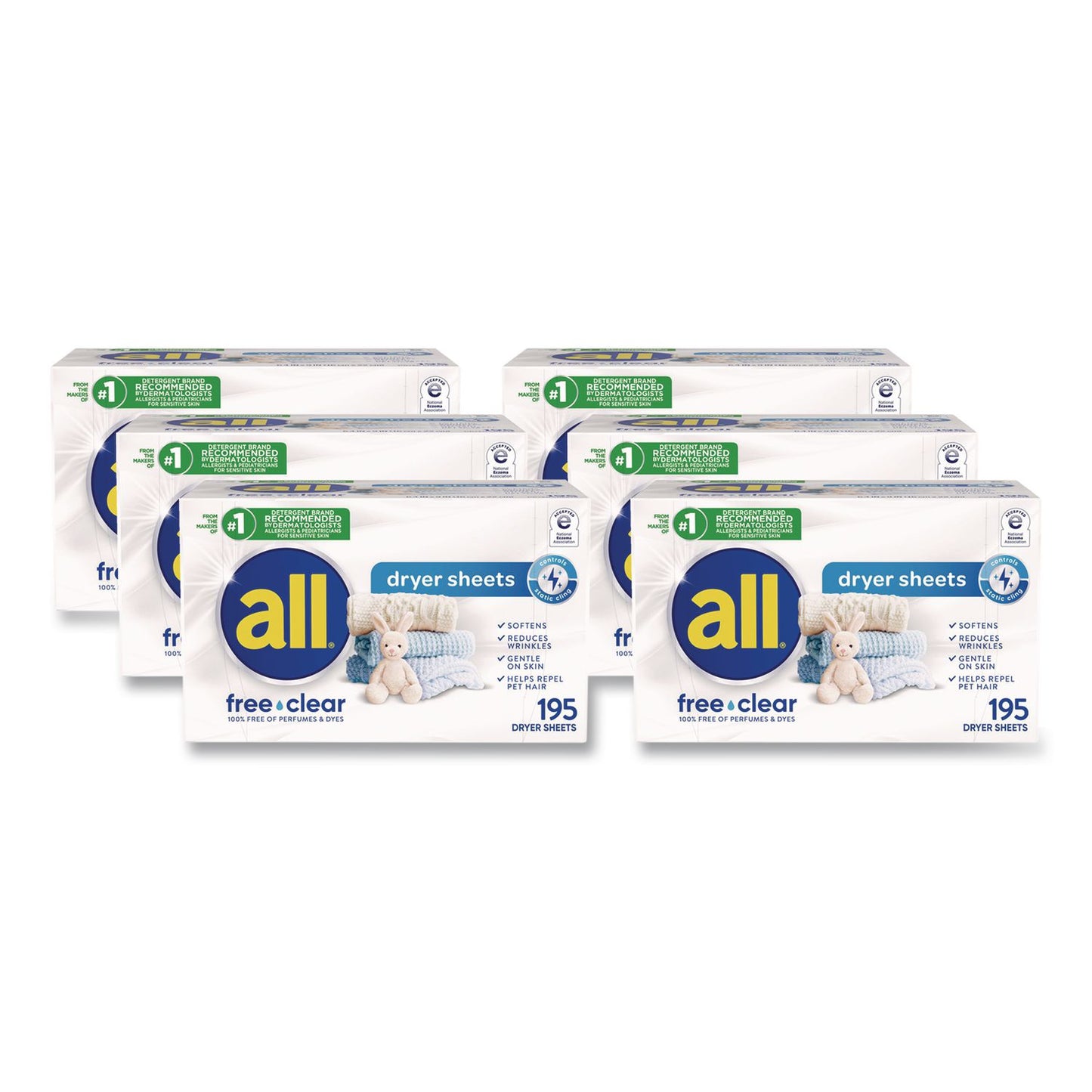 all® Free Clear Dryer Sheets, Fragrance Free, 195 Sheets/Packs, 6 Packs/Carton (DIA47362)