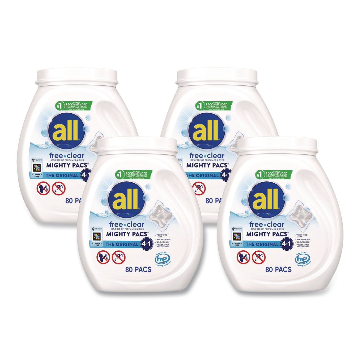 all® MIGHTY PACS Free Clear HE Laundry Detergent, 80 Pods/Tub, 4 Tubs/Carton (DIA47508)