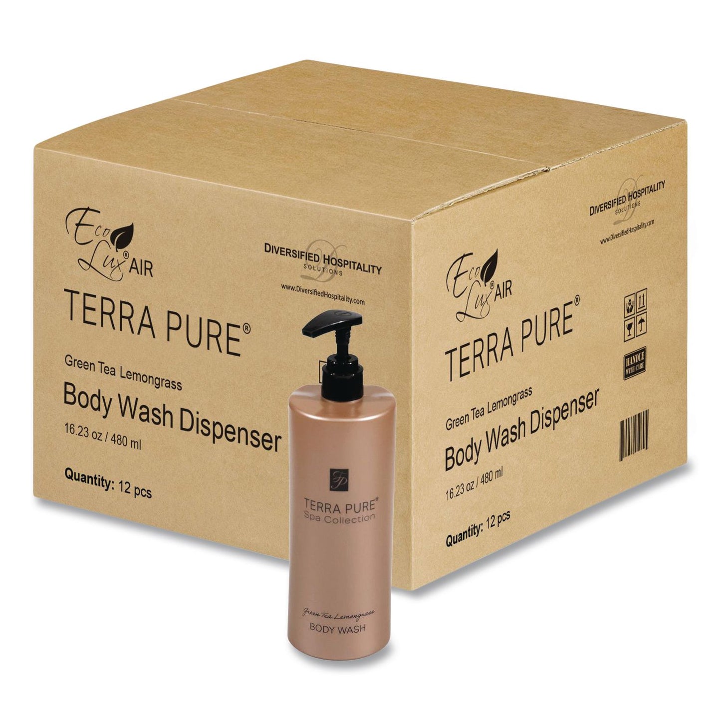 Diversified Hospitality Solutions Terra Pure Body Wash Air Pump, Green Tea Lemongrass, 16.23 oz Bottle, 12/Carton (DHS458968)