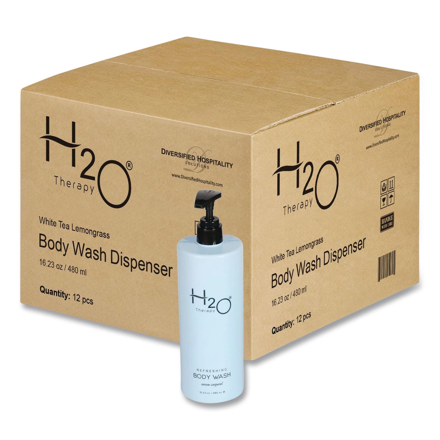 Diversified Hospitality Solutions H2O Therapy Body Wash Air Pump, White Tea and Lemongrass Scent, 16.23 oz Bottle, 12/Carton (DHS259829)