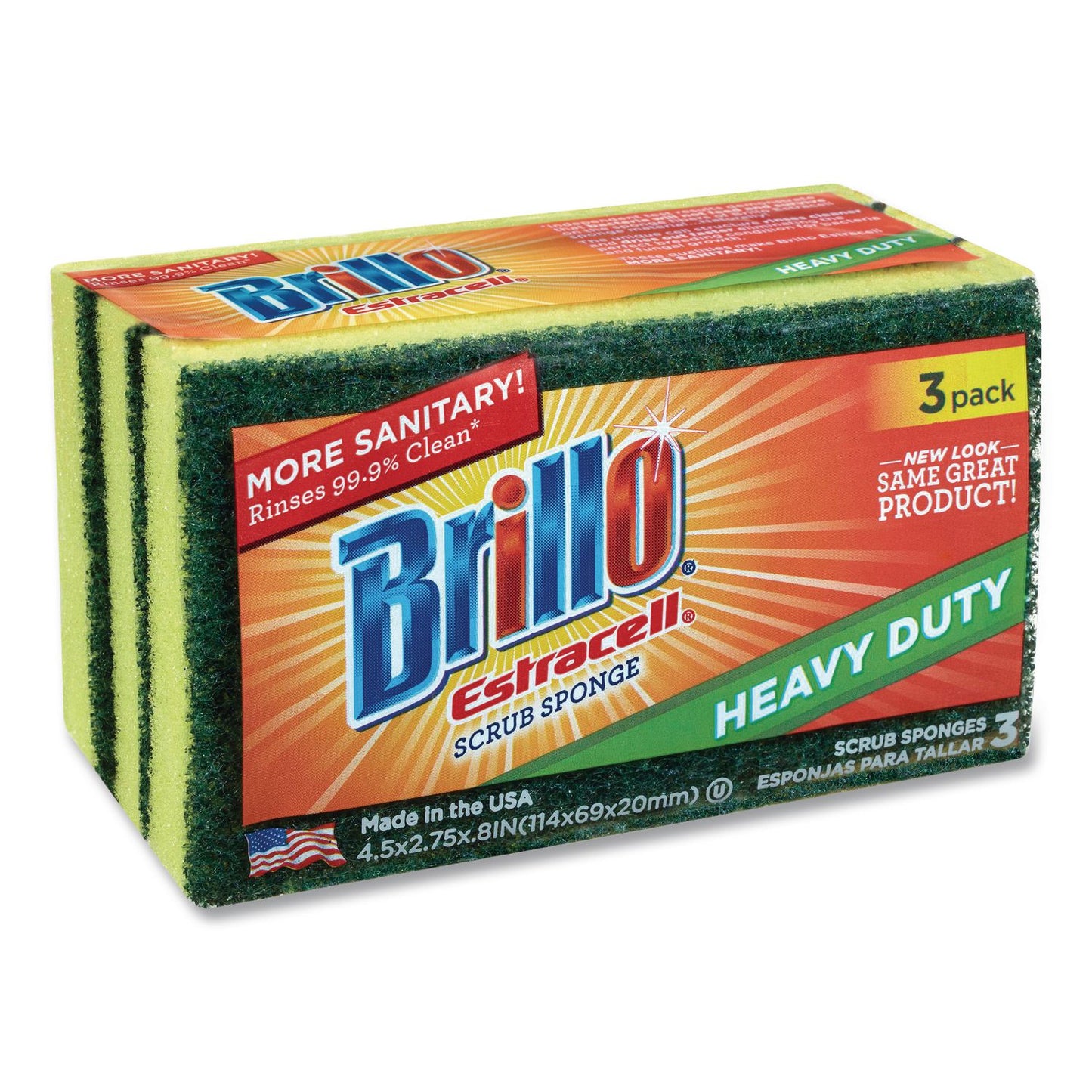 Brillo® Estracell Heavy Duty Scrub Sponge, 4.5 x 2.75, 0.8" Thick, Yellow/Green, 3 Sponges/Pack, 8 Packs/Carton (AMY21031)
