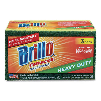 Brillo® Estracell Heavy Duty Scrub Sponge, 4.5 x 2.75, 0.8" Thick, Yellow/Green, 3 Sponges/Pack, 8 Packs/Carton (AMY21031)