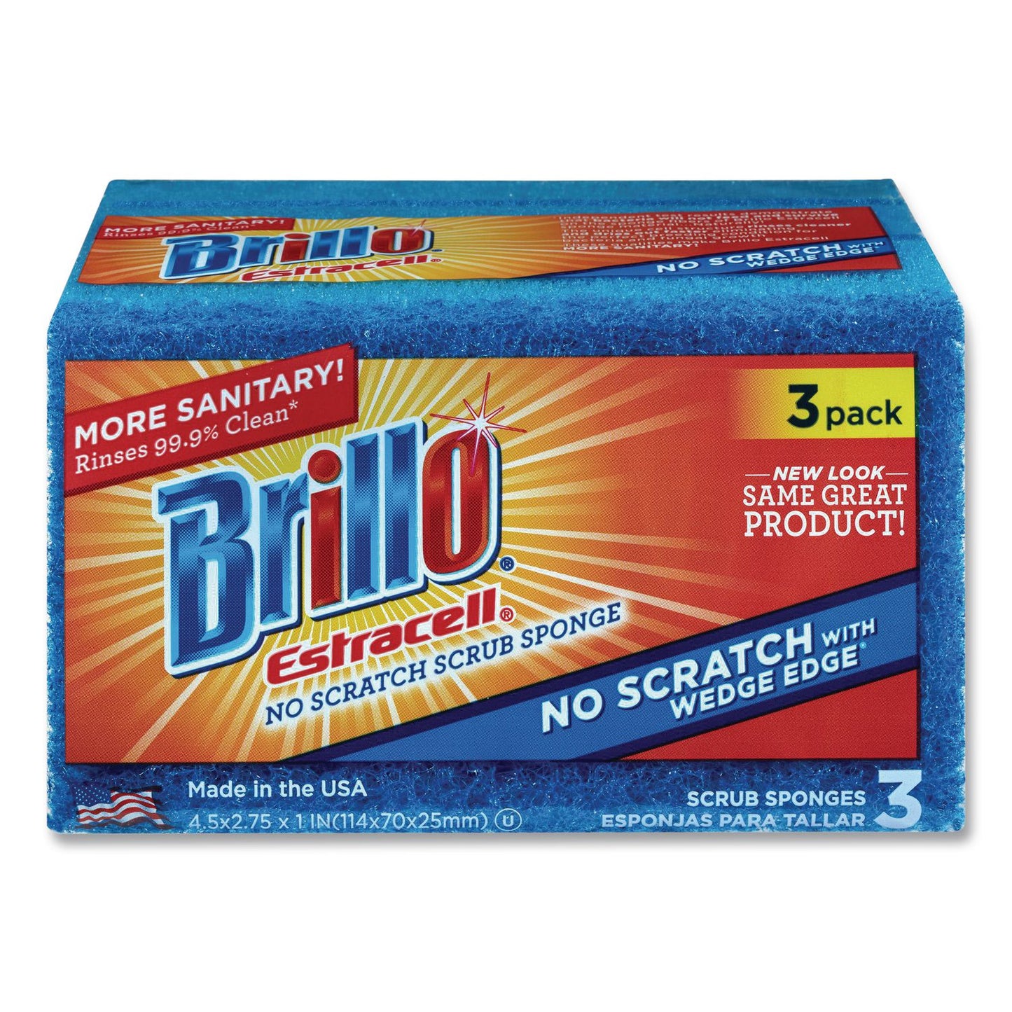 Brillo® Estracell No Scratch Kitchen Sponges, 4.5 x 2.75, 1" Thick, Blue, 3 Sponges/Pack, 8 Packs/Carton (AMY21034)
