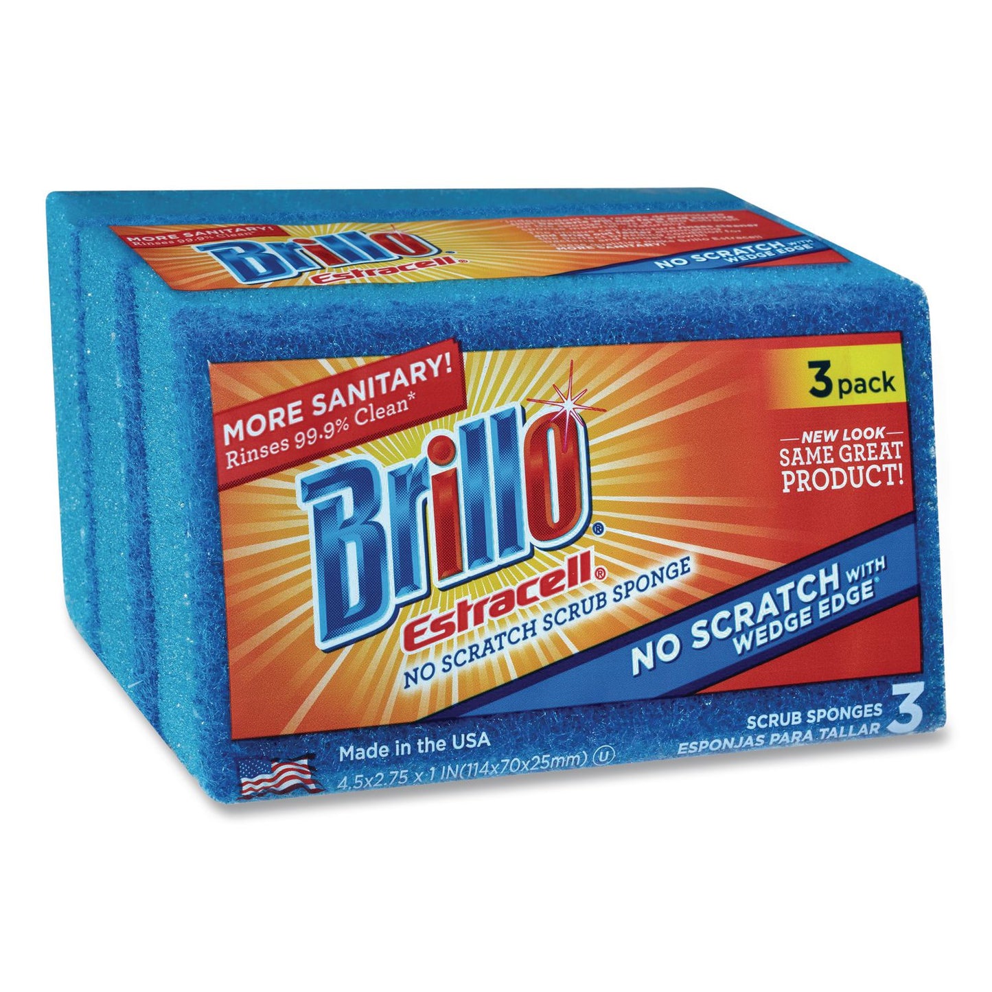 Brillo® Estracell No Scratch Kitchen Sponges, 4.5 x 2.75, 1" Thick, Blue, 3 Sponges/Pack, 8 Packs/Carton (AMY21034)