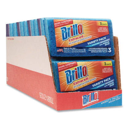 Brillo® Estracell Scrub Sponge Variety Pack, 1 Bath, 2 Kitchen, 4.5 x 2.75, 1.12" Thick, Blue/Purple/White, 3/Pack, 8 Packs/Carton (AMY21035)