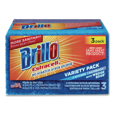 Brillo® Estracell Scrub Sponge Variety Pack, 1 Bath, 2 Kitchen, 4.5 x 2.75, 1.12" Thick, Blue/Purple/White, 3/Pack, 8 Packs/Carton (AMY21035)