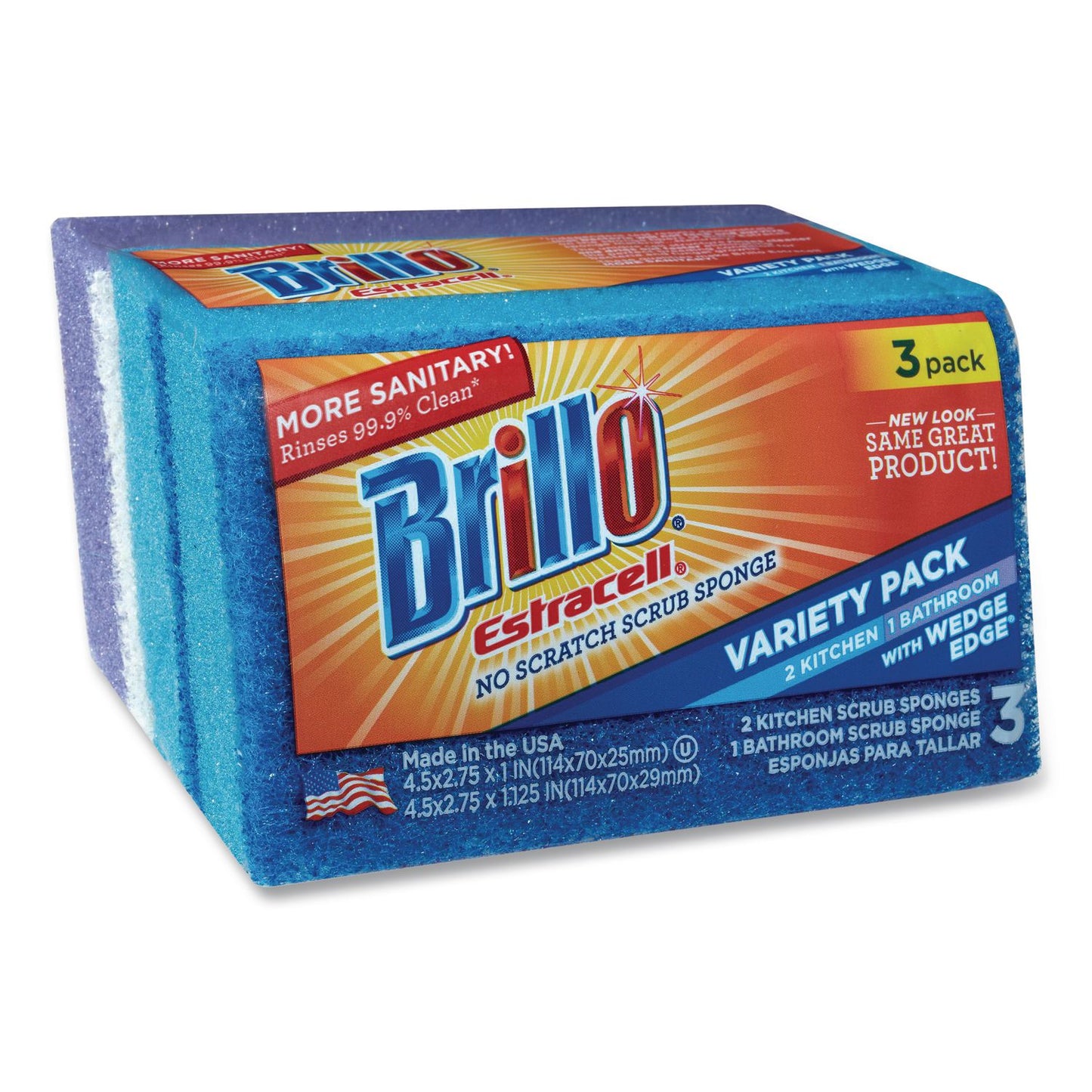 Brillo® Estracell Scrub Sponge Variety Pack, 1 Bath, 2 Kitchen, 4.5 x 2.75, 1.12" Thick, Blue/Purple/White, 3/Pack, 8 Packs/Carton (AMY21035)