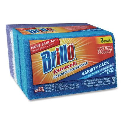 Brillo® Estracell Scrub Sponge Variety Pack, 1 Bath, 2 Kitchen, 4.5 x 2.75, 1.12" Thick, Blue/Purple/White, 3/Pack, 8 Packs/Carton (AMY21035)