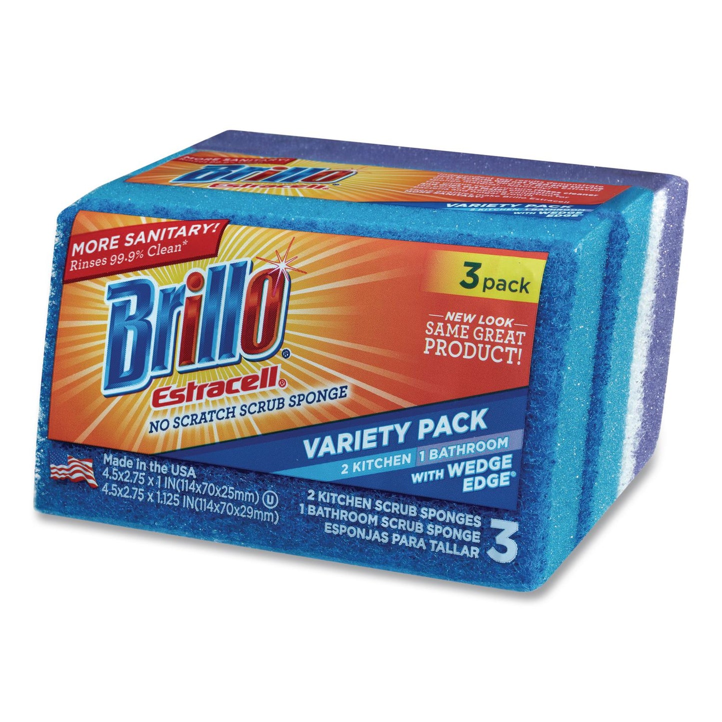 Brillo® Estracell Scrub Sponge Variety Pack, 1 Bath, 2 Kitchen, 4.5 x 2.75, 1.12" Thick, Blue/Purple/White, 3/Pack, 8 Packs/Carton (AMY21035)