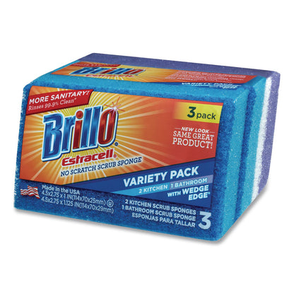Brillo® Estracell Scrub Sponge Variety Pack, 1 Bath, 2 Kitchen, 4.5 x 2.75, 1.12" Thick, Blue/Purple/White, 3/Pack, 8 Packs/Carton (AMY21035)