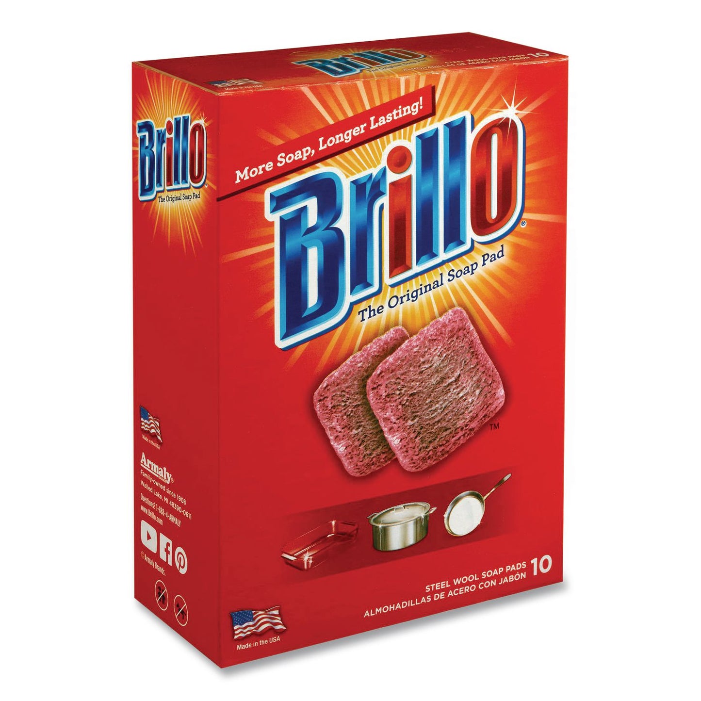 Brillo® Steel Wool Soap Pads, 2.5 x 3, Gray/Pink, 10 Pads/Box, 12 Boxes/Carton (AMY23310)