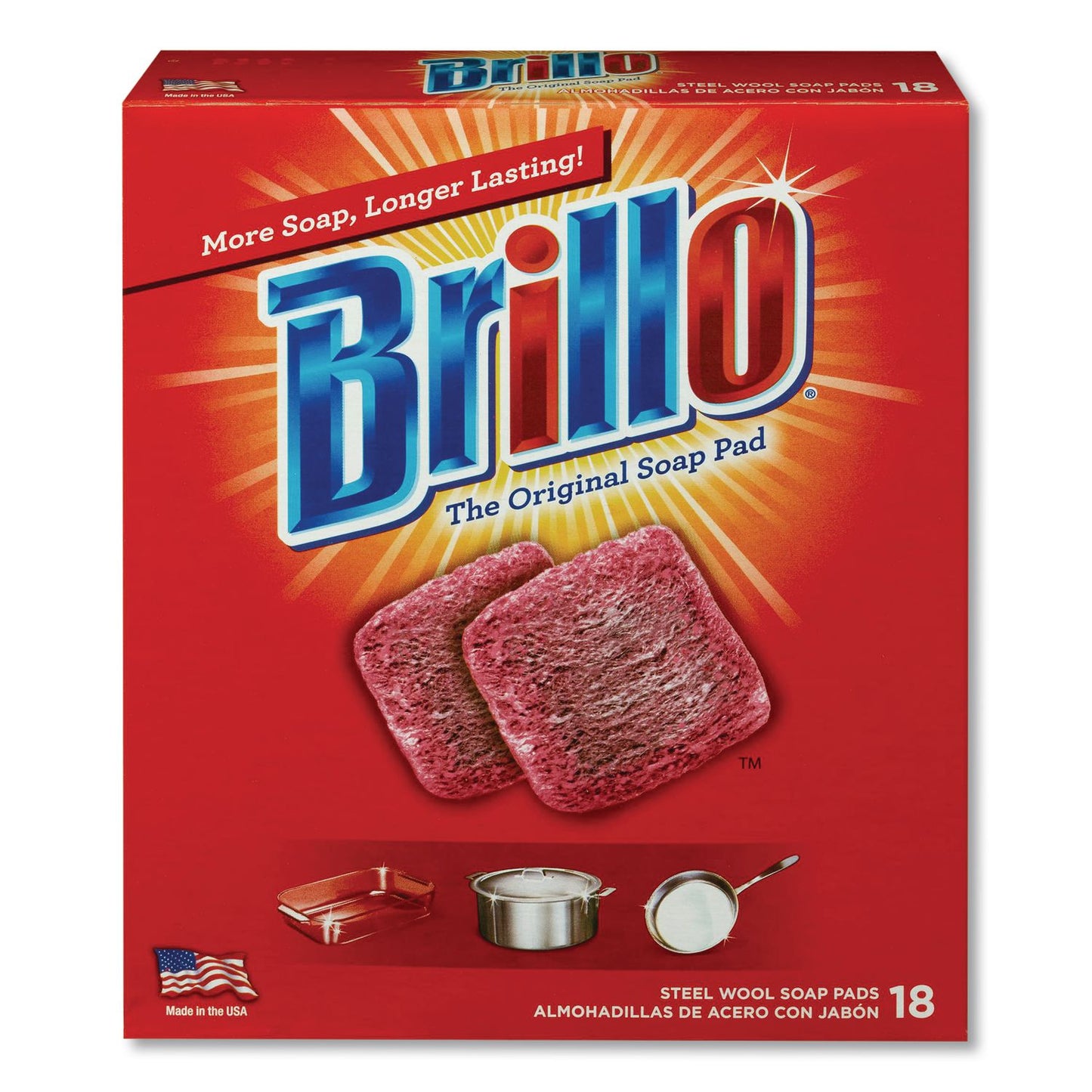 Brillo® Steel Wool Soap Pads, 2.5 x 3, Gray/Pink, 18 Pads/Box, 12 Boxes/Carton (AMY23318)
