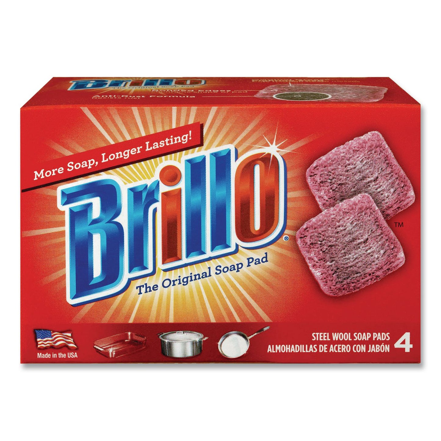 Brillo® Steel Wool Soap Pads, 2.5 x 3, Gray/Pink, 4 Pads/Box, 12 Boxes/Carton (AMY53304)