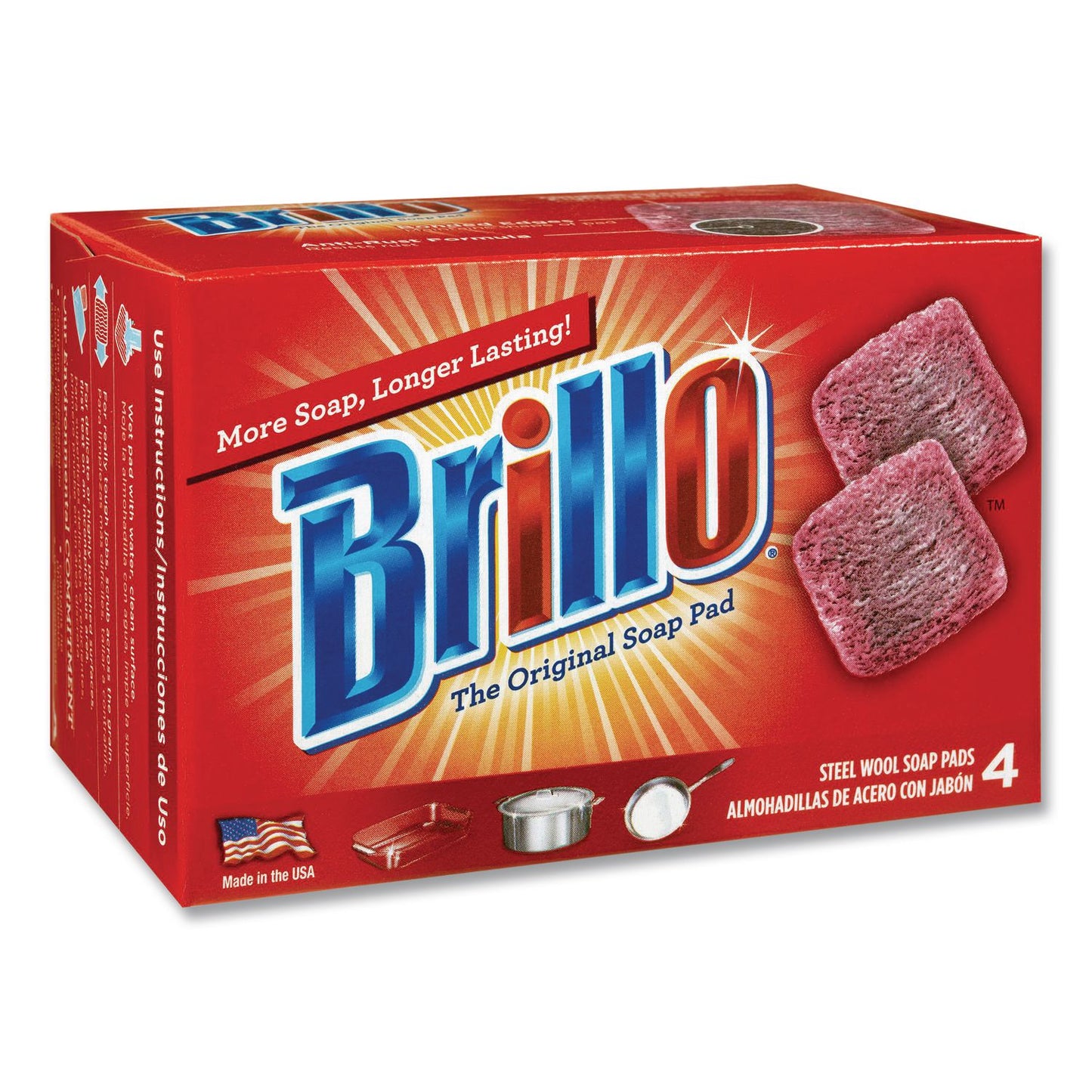 Brillo® Steel Wool Soap Pads, 2.5 x 3, Gray/Pink, 4 Pads/Box, 12 Boxes/Carton (AMY53304)