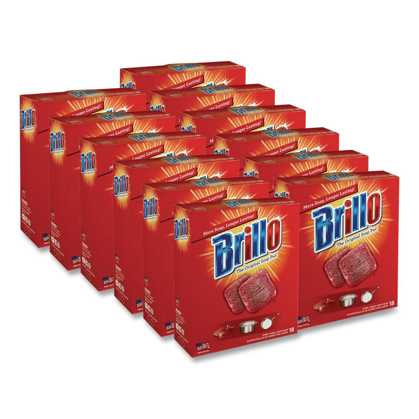 Brillo® Steel Wool Soap Pads, 2.5 x 3, Gray/Pink, 18 Pads/Box, 12 Boxes/Carton (AMY23318)